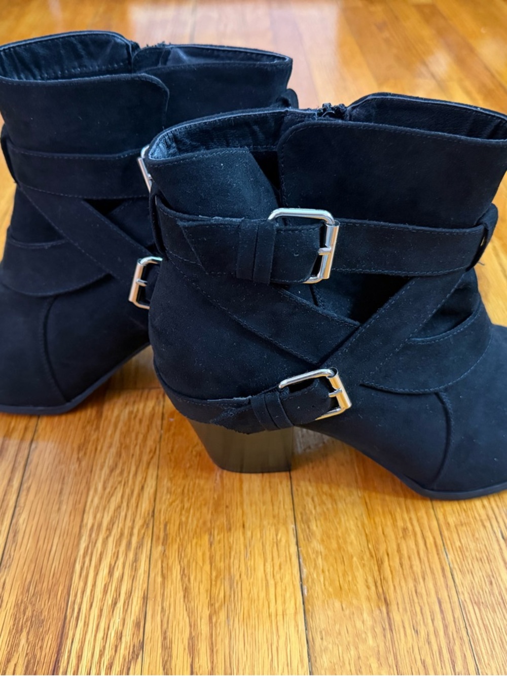 Women's Black Suede Ankle Boots with Buckle Detail